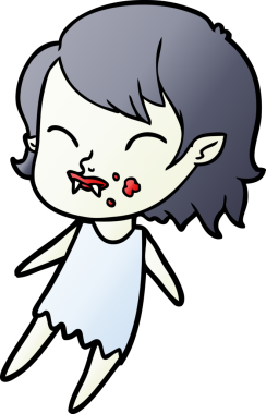 Bir insan tarafından çizilmiş yanağında kan olan vampir kız çizgi filmi.