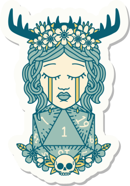 Ağlayan insan bir Druid 'in çıkartması. Bir insan tarafından çizilmiş doğal bir D20 rulosu.