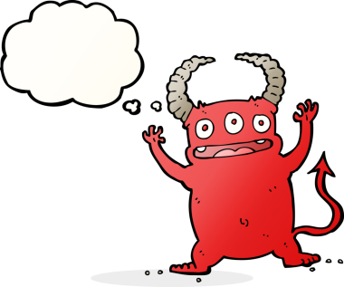 Bir insan tarafından çizilmiş düşünce baloncuğu olan küçük bir şeytan.