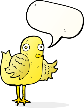 Bir insan tarafından çizilmiş konuşma baloncuğuyla kanat sallayan çizgi film kuşu.