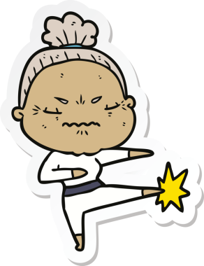 Çizgi film çıkartması. Bir insan tarafından çizilmiş yaşlı bir kadın.