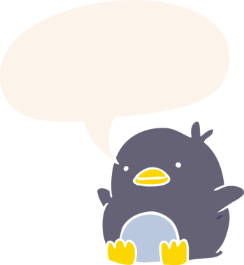 Bir insan tarafından çizilmiş konuşma baloncuğu olan sevimli penguen çizgi filmi.