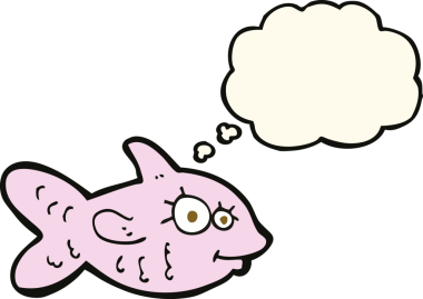 Bir insan tarafından çizilmiş düşünce balonlu mutlu balık çizgi filmi.
