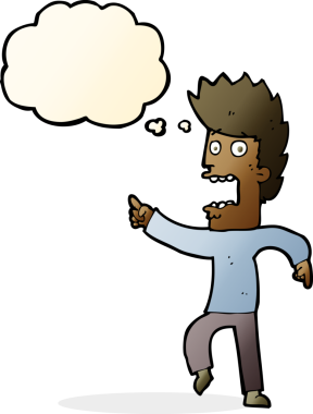 Bir insan tarafından çizilmiş düşünce baloncuğuyla dehşete düşmüş bir adam.