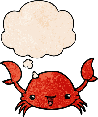 Düşünce baloncuklu çizgi film yengeci. Bir insan tarafından çizilmiş grunge doku tarzı.