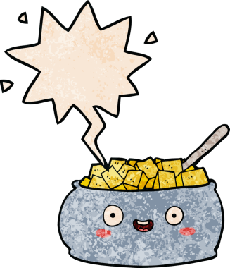 Bir insan tarafından çizilmiş eski dokuda konuşma baloncuğu olan tatlı bir çizgi film kasesi.