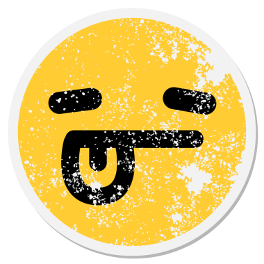 Yorgun bir yüz ve bir insan tarafından çizilmiş yuvarlak dilli çıkartma.