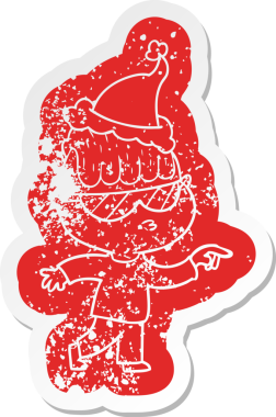 Garip bir çizgi film, güneş gözlüğü takan, Noel Baba şapkası takan, insan tarafından çizilmiş bir çocuk çıkartması.