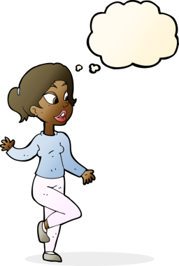 Karikatür dostu kadın bir insan tarafından çizilmiş düşünce balonuyla el sallıyor.