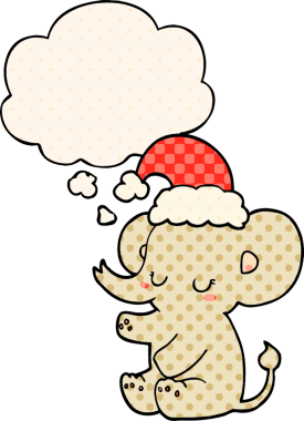 Bir insan tarafından çizilmiş çizgi roman tarzında düşünce balonu olan şirin bir Noel fili.