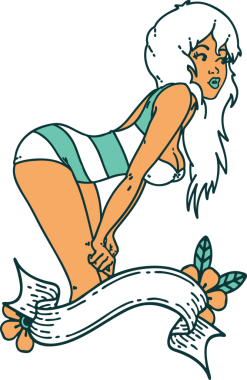 İkonik dövme stili. Yüzme kostümlü bir kız resmi. Afişi insan tarafından çizilmiş.