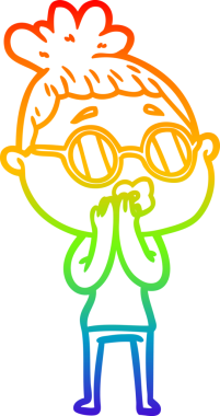 Bir insan tarafından çizilmiş gözlük takan bir karikatür kadının çizimi.