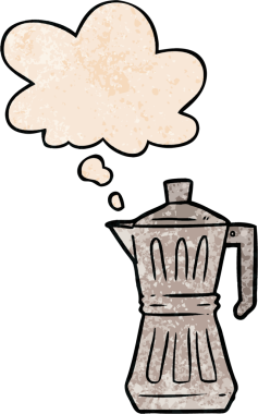 Bir insan tarafından çizilmiş grunge desenli düşünce baloncuğu olan çizgi film espresso makinesi.