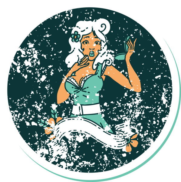 İkonik sıkıntılı dövme stili, afişi bir insan tarafından çizilmiş afiş ile şaşırtılmış bir kızın resmi.