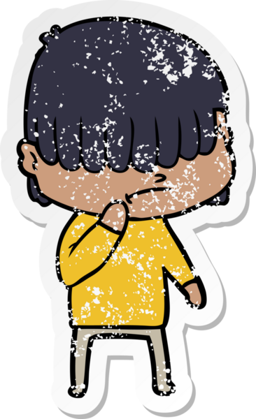 Bir insan tarafından çizilmiş dağınık saçlı bir çizgi film çocuğunun sıkıntılı çıkartması.