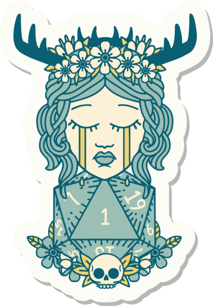 Ağlayan insan bir Druid 'in çıkartması. Bir insan tarafından çizilmiş doğal bir D20 rulosu.