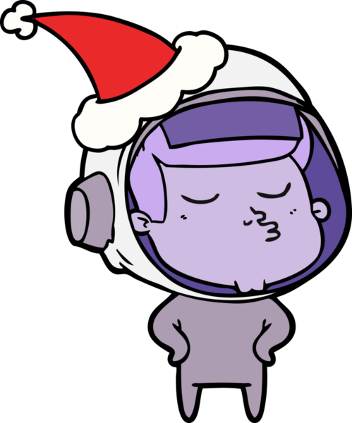 Bir insan tarafından çizilmiş Noel Baba şapkası giyen kendinden emin bir astronotun el çizimi.
