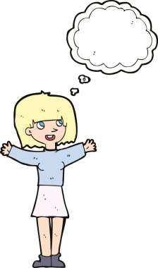 Bir insan tarafından çizilmiş düşünce baloncuğu olan heyecanlı bir kadın.