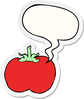 Bir insan tarafından çizilmiş konuşma kabarcığı çıkartmalı domates çizgi filmi.