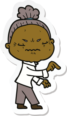 Çizgi film çıkartması. Bir insan tarafından çizilmiş yaşlı bir kadın.