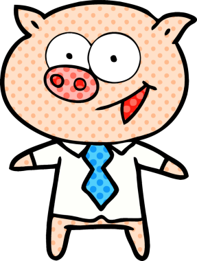 Bir insan tarafından çizilmiş ofis kıyafetleri içinde neşeli bir domuz.