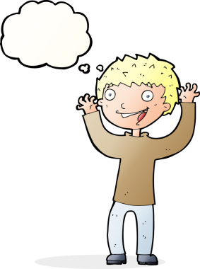 Bir insan tarafından çizilmiş düşünce baloncuğu olan heyecanlı çocuk.