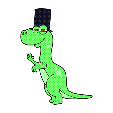Bir insan tarafından çizilmiş silindir şapkalı bir dinozor çizimi.