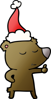 Mutlu el çizimi bir ayı çizgi filmi. Noel Baba şapkası takıyor. Bir insan çizmiş.