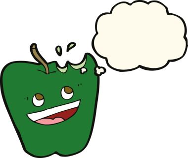 Bir insan tarafından çizilmiş düşünce baloncuklu mutlu elma çizgi filmi