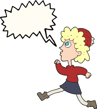 Bir insan tarafından çizilmiş serbest konuşma balonu çizgi filmi koşu kadını.