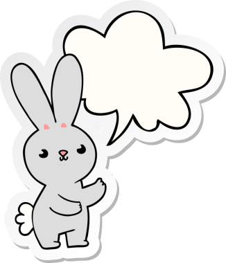 Bir insan tarafından çizilmiş baloncuk çıkartmalı şirin çizgi film tavşanı.