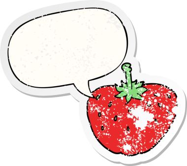 Konuşma balonlu karikatür çileği bir insan tarafından çizilmiş sıkıntılı eski bir çıkartma