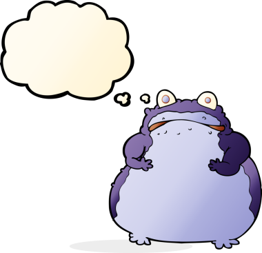 Bir insan tarafından çizilmiş düşünce baloncuklu şişman kurbağa.