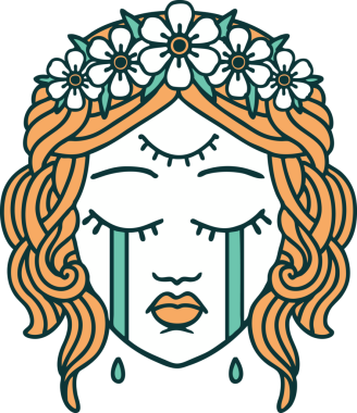 İkonik dövme stili. Üçüncü gözü ve bir insan tarafından çizilmiş çiçek taçlı kadın yüzü.