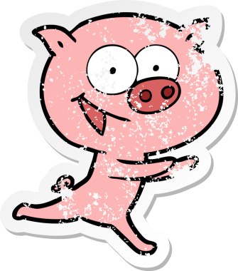 Bir insan tarafından çizilmiş neşeli bir domuz çizgi filminin hüzünlü çıkartması.