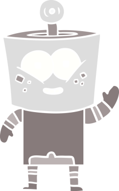 Mutlu düz renkli çizgi film robotu bir insan tarafından çizilmiş merhaba diyor.