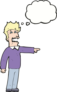 Bir insan tarafından çizilen düşünce baloncuğuyla suçlanan çizgi film adamı.