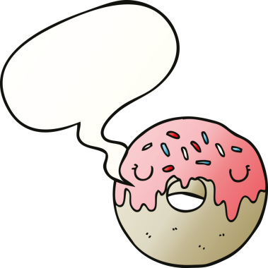 Bir insan tarafından çizilmiş, konuşma baloncuklu çizgi film donutu.