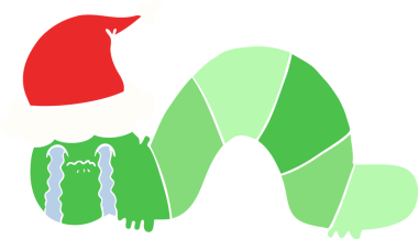 Bir insanın çizdiği Noel Baba şapkasını takan bir tırtılın çizdiği düz renk çizimi.