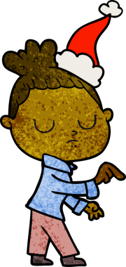 Bir insan tarafından çizilmiş Noel Baba şapkası giyen sakin bir kadının el çizimi karikatürü.