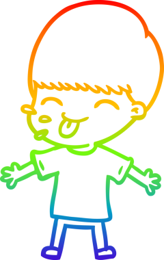 Gökkuşağı gradyan çizgi çizimi bir insan tarafından çizilmiş dili dışarı çıkaran bir çizgi çocuk.