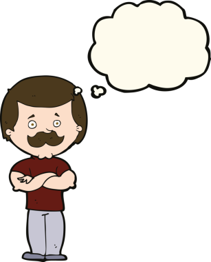 Bir insan tarafından çizilmiş düşünce baloncuğu olan erkek bıyıklı adam.