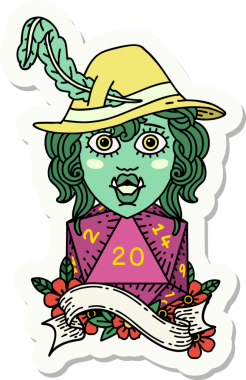 Bir insan tarafından çizilmiş 20 zarlı şarkı söyleyen yarı ork bir ozanın çıkartması.