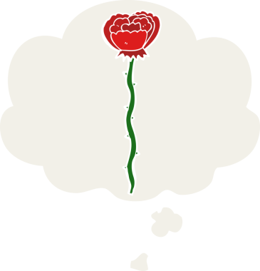 Düşünce baloncuğu olan karikatür çiçeği insan tarafından çizilmiş.