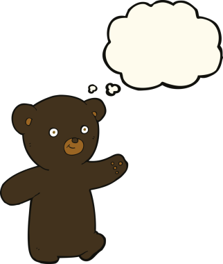 Bir insan tarafından çizilmiş düşünce baloncuğu olan siyah ayı yavrusu.