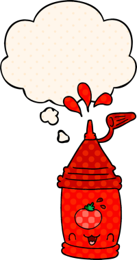 Çizgi roman tarzında bir insan tarafından çizilmiş düşünce baloncuklu ketçap şişesi.