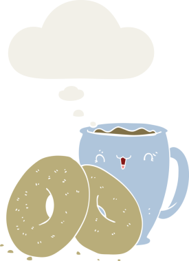 Düşünce baloncuklu çizgi film kahveyi ve çörekleri bir insan tarafından çizilmiş.