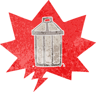 Bir insan tarafından çizilmiş grunge sıkıntılı retro desenli konuşma baloncuklu çizgi film çöp kutusu