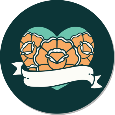 Geleneksel kalp stili dövme çıkartması ve bir insan tarafından çizilmiş çiçekli pankart.