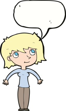 Bir insan tarafından çizilmiş bir konuşma balonuyla omuz silken karikatür kadın.